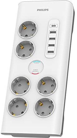 Philips SPN7060WA/10 - Schuko 6-uttagsremsa, Flera kontakter, 4 USB 35W och 1 USB Type-C, Tjuv Förlängning, Barnskydd Överspänning, Kabel 2 meter - Färg Vit