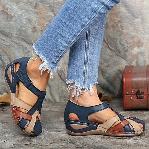 DOIX Sandalias Ortopédicas Cruzadas Cuña para Mujer Sandalia Informal con Punta Cerrada Sandalias de Gladiador con Velcro Zapatos para Caminar en La Playa Al Aire Libre,Azul,US7/EU38