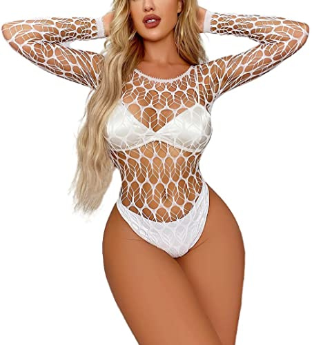 Bommi Fairy Women's Leafnet Bodysuit Fishnet One Piece Sexy Bodycon Sheer See Through Teddy Bodysuit Body Tops Mesh Chemise Babydoll
