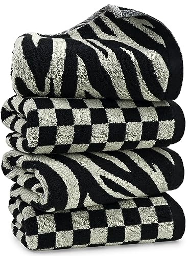 Jacquotha - Toallas de Mano de baño, Paquete de 4 Unidades con 2 Modelos, Toallas de Mano Negras con diseño a Cuadros y de Cebra, de algodón