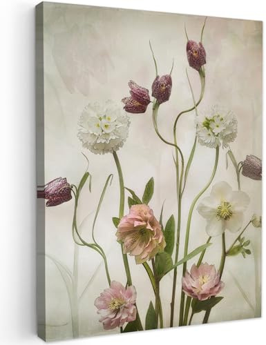 MuchoWow© Leinwandbild Dekoration Wohnzimmer Vintage Bilder Aufhängen Wall | 50x70 cm - Decoration Living Room Wohnungs Deko Moderne Blumen - Frühling - Garten - Trockenblumen