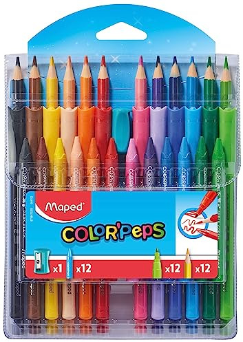 Maped - Combo Pack Coloriage Color’Peps - 12 crayons de couleur + 12 Feutres Ocean + 12 Craies Wax + 1 Taille-Crayons