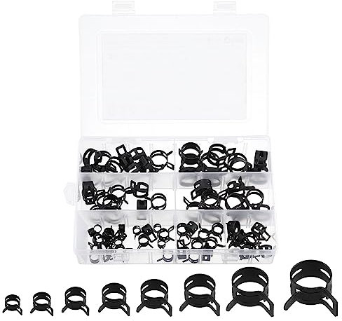 sourcing map 80Pcs 7-18mm 8 Size Spring Band Type Action Fuel/Silicone Vacuum Hose Pipe Clamp Low Pressure Air Clip Clamp Assortment Kits 7mm 9mm 10mm 11mm 14mm 16mm 17mm 18mm, Black