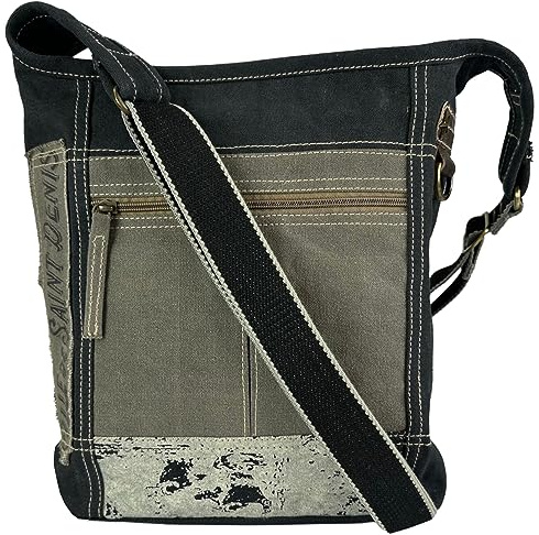 Sunsa Mittelgroße Umhängetasche aus Canvas & Leder, schwarz Khakigrün | Vintage Retro Schultertasche, Unisex Hobo Tasche mit verstellbarem Gurt & vielen Fächern. Freizeittasche für Alltag