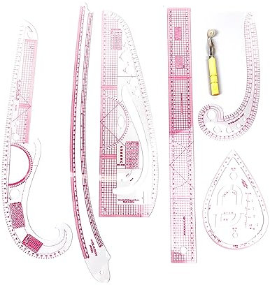 Fockety Metrisches Nählineal, 6-teiliges Französisches Kurvenlineal für die Mustererstellung, Schneider-Lineal, Modisches, Transparentes Nählineal-Set mit Zeichenrad für Anfänger Schneider