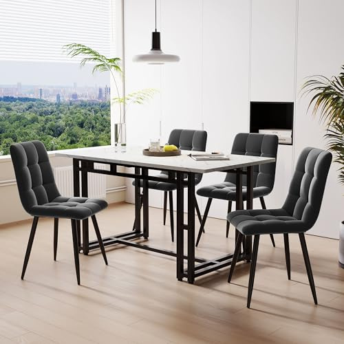 KUAKE 120x70cm Esstisch mit 4 Stühlen Set,Moderne Küche Esstisch Set, Schwarz Eisen Beintisch (Dunkelgrau Esszimmerstühl)