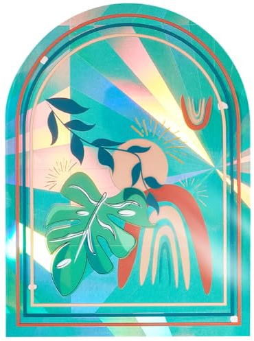 GORGECRAFT Autocollants Statiques Anti-Collision pour Fenêtre en Forme D'Arc de 135x98mm Autocollants Attrape-Soleil avec Impression de Feuille D'Osier Monstera Film Laser Prisme pour Porte