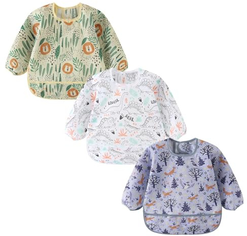 ElecMotive 3 Pack Long Sleeve Baby Bibs, Waterproof Sleeved Bib, Toddler Soft Bib for 6-30 Months (3 Pack C)