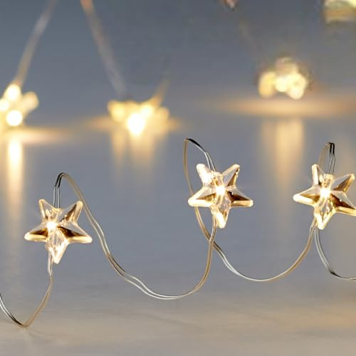 MIK funshopping LED Micro Draht-Lichterkette - Vielseitige Beleuchtung mit Timerfunktion, Batteriebetrieb, Filigran und Flexibel (20 LED Stern, warmweiß)