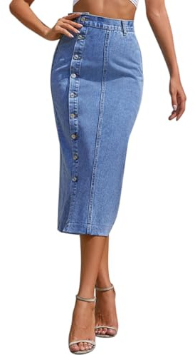 seiveini Rock Damen Lang Jeansrock mit Schlitz Vorne Jeans Röcke Knielang Hüftenrock Denim Partyrock A Blau M