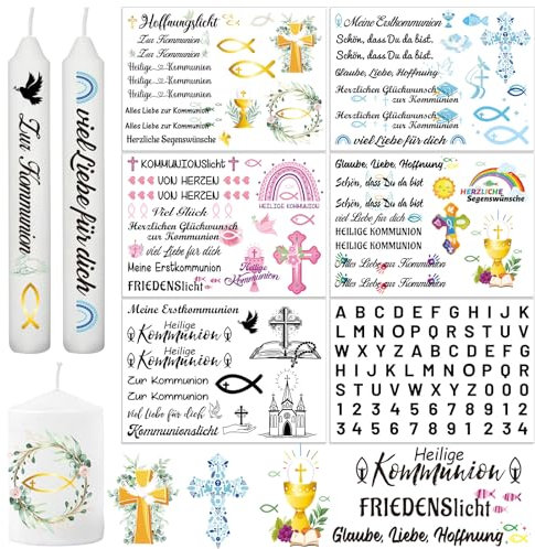 HOWAF 6 Blätter Kerzen Tattoo Kommunion Deko, Kerzentattoos Kommunion Geschenk Fische Tattoofolie für Kerzen Aufkleber Wasserschiebefolie mit Spruch, für Erstkommunion Taufe Konfirmation Deko