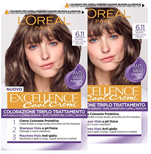 L'Oréal Paris Tinta Permanente Excellence Cool Creme 6.11 Biondo Scuro Ultra Freddo Colorazione Triplo Trattamento Copre 100% dei Capelli Bianchi Anti-Giallo - 2 Tinte