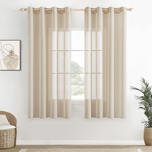 EMEMA Voile Vorhang Sheer Leinenvorhang Transparente Leinen Gardinen Ösenschal Wohnzimmer Wohnzimmer Modern 2er Set Fensterschal Dekoschal Schlafzimmer mit Ösen 140 x 145cm (B x H) Beige