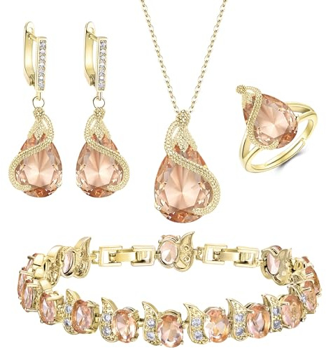 EVER FAITH 4 Stück Tropfen Cubic Zirconia Schmuck Set Glamour Anhänger Halskette Ohrringe Tennis Armband und Offener Ring für Damen Hochzeit Party
