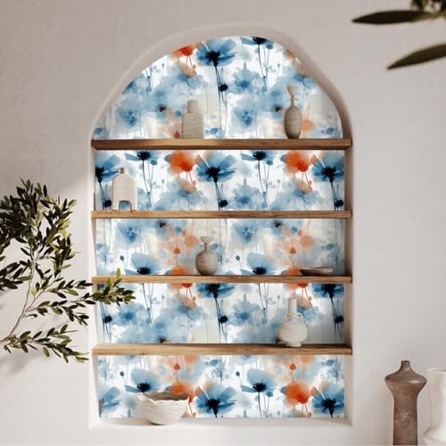 Selbstklebende Tapete Blau Orange Print Strukturtapete Wandtattoo Schlafzimmer Tapete Selbstklebend Vliestapete Wallpaper for Living Room Tapeten Leicht zu Entfernen Wandschutzfolie 45x300cm