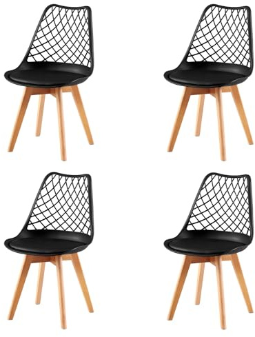 EGGREE 4er-Set Skandinavische AusgehöHlte Esszimmerstühle SGS GeprüFt, Set of 4 Gepolsterte HerausgehöHlt KüChenstüHle Retro BüRostüHle, Beine Aus Massiver Buche - Schwarz