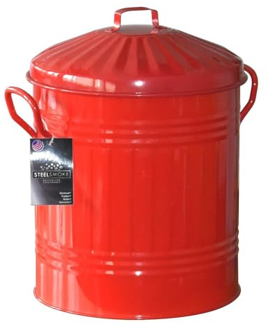 Unibos | Small 13 Litre 13L Round Shape Red Colour Galvanised Steel Metal Bin Recycle Rubbish Waste Dustbin Bin With Lid