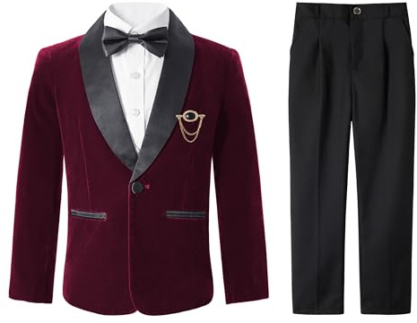Boys Velvet Tuxedo Suit, 4Pcs Page Boy Wedding Formal Outfit | Kids Prom Party Suits for Boys, Blazer Trousers Shirt Bow Tie Set, Gentleman Smart Wear for Birthday Christmas