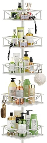 Mutool Adjustable Shower Shelf, Telescopic Shower Caddy with Hooks, No Drilling Corner Shelf with 5 Trays, Rustproof Bathroom Organizer from 157 to 294 CM, White