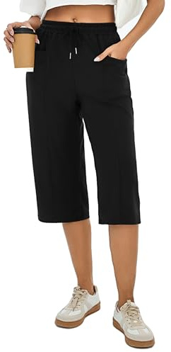 Demegimi 3/4 Pantalón Chándal Mujer Algodón Pantalones Deportivos Mujer con Cintura Elástica y Ajustable Pantalones Deportivos Largos de Mujer con Bolsillos