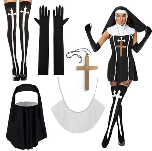Nonnenkostüm Damen, 5-Teiliges Set Mit & Accessoires, Nonnen Kostüm | Komplettes Nonne Kostüm. Inkl. Kopfbedeckung, Kreuz & Handschuhen. Ideal Als Halloween Kostüm Damen & Karneval Kostüm Damen