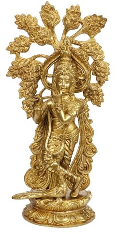 Amilav Collections Krishna Idol Flûte à jouer en laiton avec paon sous l'arbre Kadamba, hauteur 38,1 cm