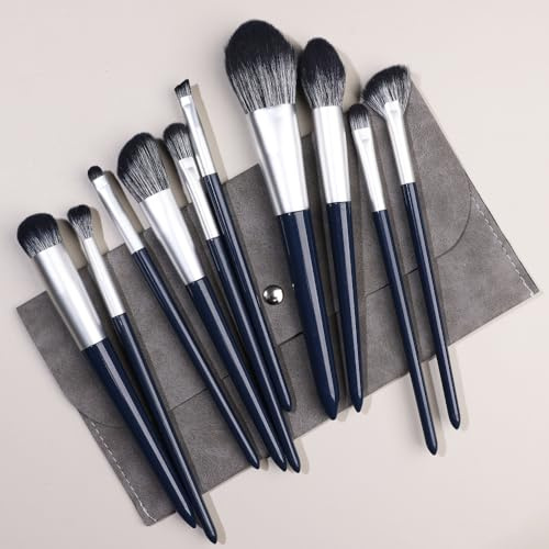 Nvzi Makeupborstset 10 st premium syntetiska foundation pulver concealers ögonskuggor rouge nvay blå sminkborstar med mörkgrå förvaringsväska
