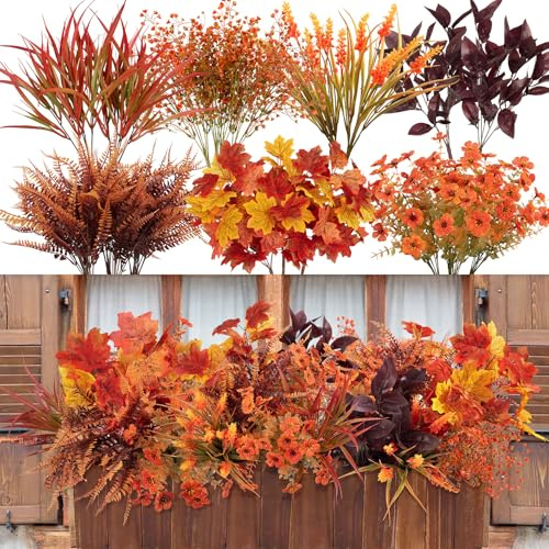 BlueCloudy 18 Bundles Artificial Autumn Flowers Outdoor Orange Stems | UV Resistant Plastic Faux Grass for Hanging Baskets Indoor Garden Planters Fall Home Decor Halloween Thanksgiving