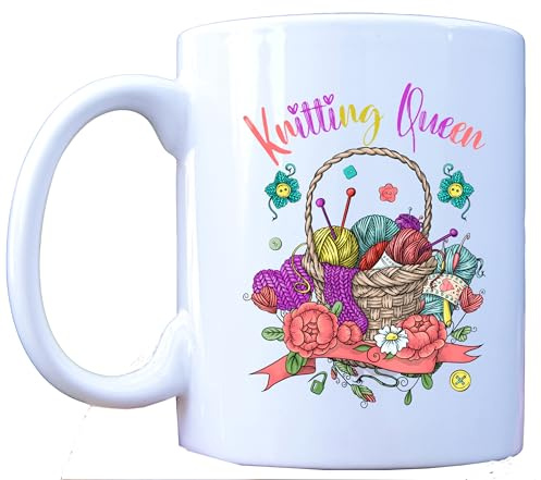 Millhouse Prints Knitting Queen Mug – Colorful Coffee Mug for Yarn Lovers with Basket and Floral Design – Ceramic Craft Hobby Cup – 11oz