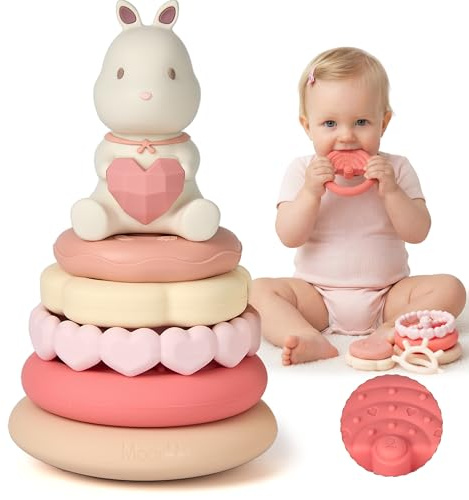 Moonkie Lapin Tour Empilable Bebe, Jeux Eveil Silicone, Anneau Dentition Bebe, Jouet Montessori Eveil, Anneaux Empilables Bébés, Cadeau pour Filles 6 Mois+, Ensemble de 7 Pièces