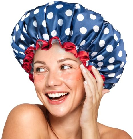 mikimini Shower Cap Reusable Waterproof for Women, Large Shower Cap for Long Hair with Elastic Band - Double-Layer Hair Cap with Classic Polka Dot Print for Thick Hair & Braids