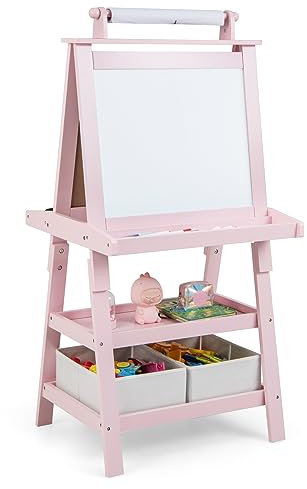 FANTASK 3 in 1 doppelseitige Kinder Staffelei, Standtafel mit Kreidetafel & Zeichenpapier, Standtafel inkl. Magneten, 2 Regalebenen Holztafel mit 2 Aufbewahrungsboxen, Kindertafel (Rosa)