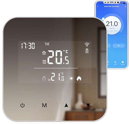 Vaconoff Wifi Battery Boiler Thermostat, Smart 2-Wire Thermostat Mirror, Digital Thermostat with App Control and Voice Control Function, Compatible with Tuya, Alexa and Google Assistant