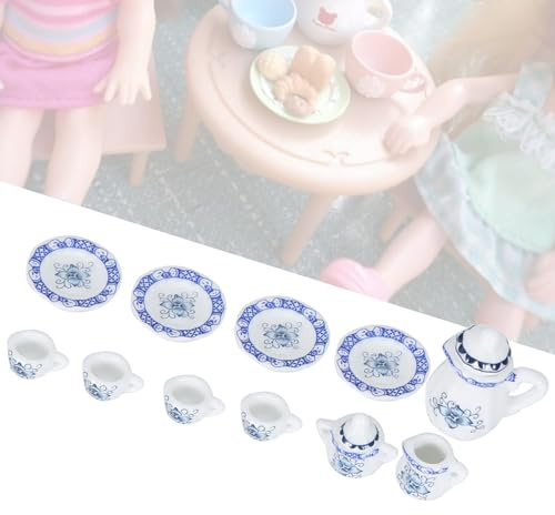 Cryfokt Juego de té en Miniatura, Exquisitos Detalles de Flores de Porcelana, Decoración de Casa de Muñecas, 15 Uds., para Amantes del té, Decoración de Comedor (Color Porcelana Azul Blanco)