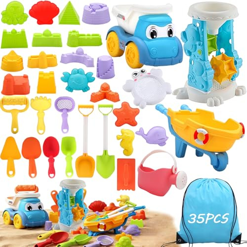 Dazhtu 35 Stück Sandspielzeug Set, Sandkasten Spielzeug Reise Sandspielzeug mit Faltbarer Eimer Kinder mit Sandschaufel, Eimer, Sandformen, Netzbeutel Strand für Jungen Mädchen Kinder 3-7Jahre