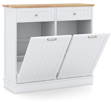 COSTWAY Kommode für Mülleimer 40 L, Küchenschrank mit 2 Türen, Schneidebrett, Holz-Arbeitplatte & 2 Schubladen, Mülleimerschrank mit Mülleimerhalter, Schrank für Küche Waschraum, ohne Mülleimer, Weiß