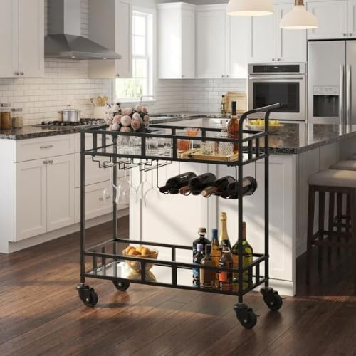 GarveeHome 2 Tier Rolling Wine Bar Cart for Home with Mirrored Shelves, Wine Racks, Glass Holder, Compact Design, and Ideal for Dining Room Living Room Party