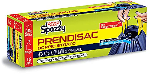 Domopak Spazzy Sacchi Nettezza Prendisac con Maniglie Autochiudenti, Casalingo 30Lt, Blu e Nero, 1 Confezione da 15 Pezzi