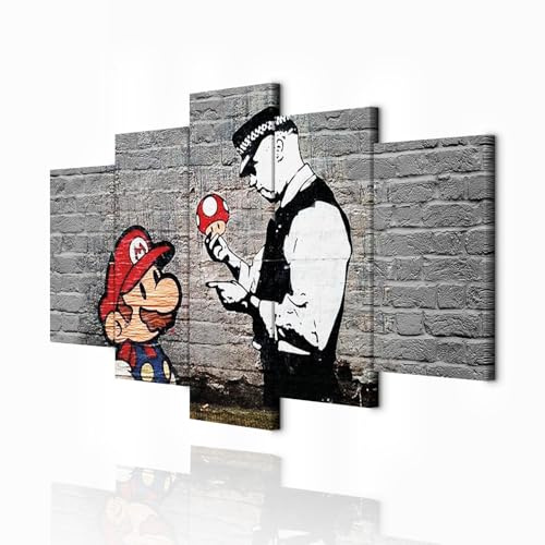 decomonkey Wandbilder Mario Banksy 200x100 cm 5 Teilig Leinwandbilder | Bild auf Leinwand, Kunstdruck, Wanddeko, Wohnzimmer, Wanddekoration, Street Art, Ziegel