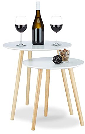 Relaxdays 10020985 Table d’appoint lot de 2 gigognes scandinave nordique table basse ronde salon diamètre 39 et 47,5 cm, blanc nature
