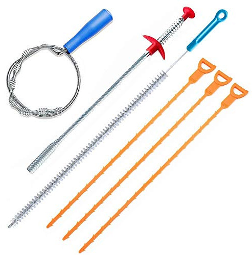 39inch Drain Clog Remover(x1), 20inch Drain Snake Hair Remover(x3)＆ Cleaning Brush(x1), 24inch Sewer Hair Catcher(x1),6 Pack Auger Cleaner Tool Set for Toilet, Kitchen Sink, Bathroom Tub, Sewer