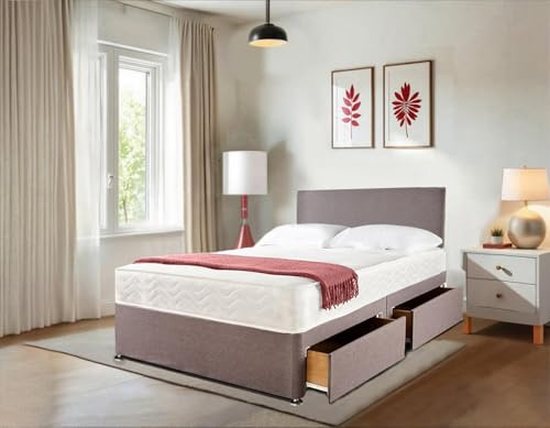 Divan Beds Deals Luxurious Grey Linen Look Small Double Bed with Mattress Included Spring Memory Foam | Simple 20 Plain Headboard | Small Double Bed Frame with 2 Supportive Storage Drawers