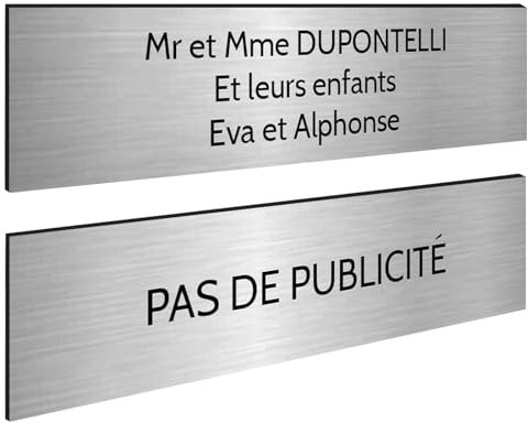 DECOHO - Plaque Boite aux Lettres Personnalisable - Lot de 2 plaques adhésives Plastique bi-Couche Argent-Noir - 100 x 25 mm - Gravure Laser, Stop pub i - Argent