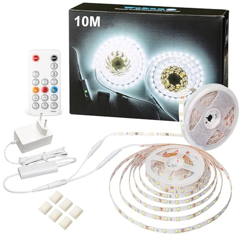 WOBANE LED Strip Weiß Dimmbar 10M Set,12V Selbstklebend LED Streifen,Superhell 6500K Kaltweiss LED Band mit RF Fernbedienung für Innen,Küche,Unterschrank,Esszimmer,Hochzeit,600 LEDs