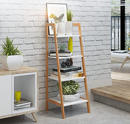 VR7 3/4 tier wooden ladder shelves rack bookcase flower plant display unit storage rack with white shelves for living room bedroom (wooden with white shelves, 4 tier)