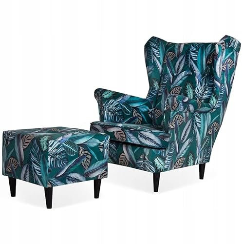 Family Meble Ohrensessel mit Hocker, Modell Print, Skandinavisch, Relaxsessel aus Webstoff, Loungesessel, Ohrensessel mit Hocker, Bequemer Sessel, Für Wohnzimmer, Esszimmer, Schlafzimmer, Dachte 20