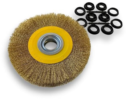 Brosse circulaire LAITON | Ø 200 mm | Epaisseur 2 rangs | Fil dur 0.30 mm ondulé | Alésage 32 mm + réducteur bague 25/22/20/16/12 mm | Touret meuleuse affûteuse ponceuse | Kibros 238202LT