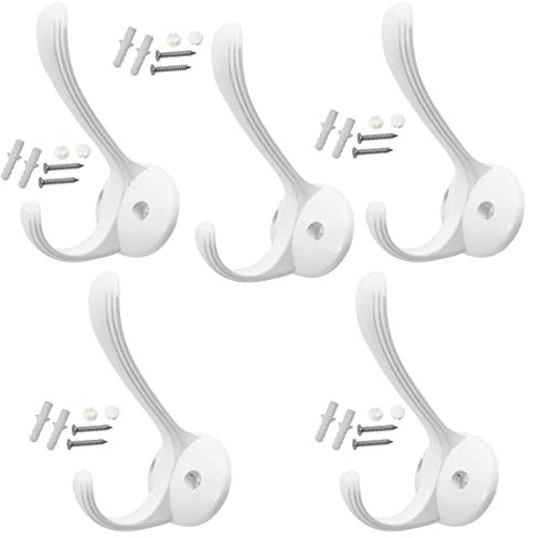 AERZETIX - C64371 - Lot de 5 Patères murales doubles 105x65x75 mm entraxe 36 mm - crochet/cintre porte-manteau chapeau peignoir salle de bain serviette douche WC - en métal - couleur blanche