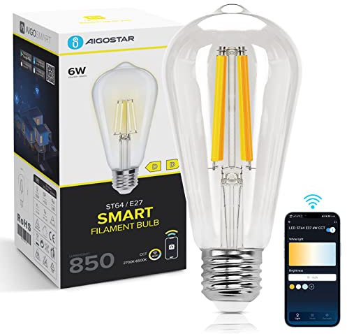 Aigostar Smart Lampe E27 Alexa Glühbirne 6W 850LM Edison Glühbirnen Dimmbare ST64 Retro Glühbirne Dimmbar 2700K-6500K， App Steuern Kompatibel mit Alexa und Google Assistant. Transparent 1 Stück