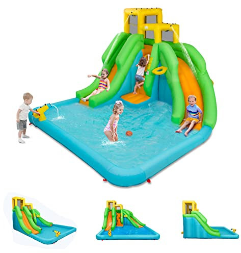 GOPLUS Castillo Hinchable para Niños, Hinchable Grande con Tobogán y Trampolín, Toboganes & Piscina, Pared de Escalada, Infantil Inflable, Adecuado de 3 a 10 Años, ‎‎400 x 360 x 255 cm